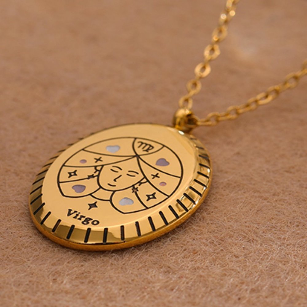 VIRGO--NEW 18K Gold Plated PISCES Sign Zodiac Oval Pendant Necklace